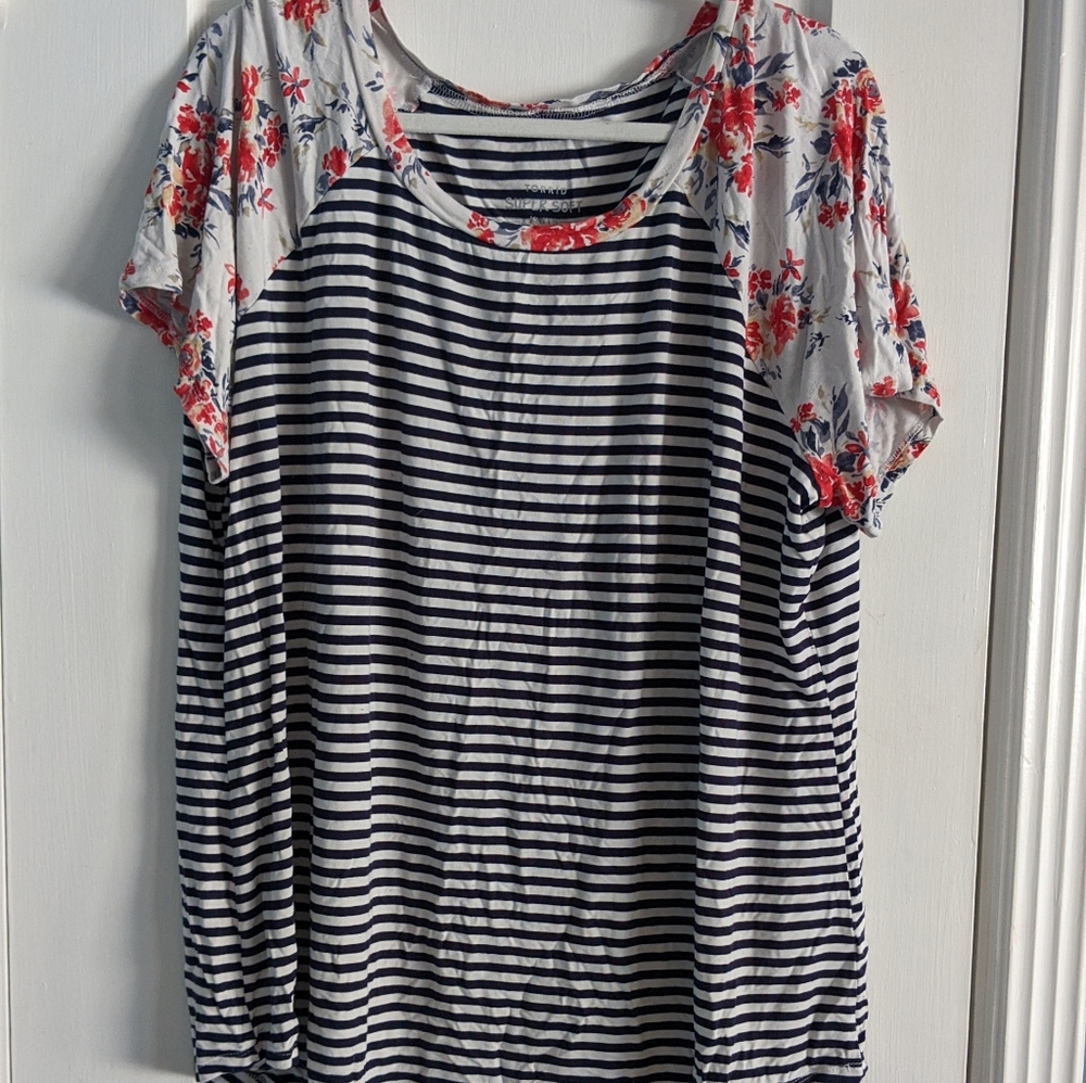 Navy blue striped shirt with floral detail